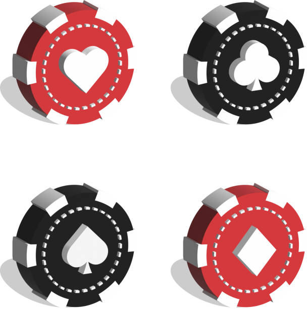 Poker chips. Casino poker chip. Poker symbols with spades, hearts, diamonds, clubs. Realistic set of casino chips isolated on transparent background Poker chips. Casino poker chip. Poker symbols with spades, hearts, diamonds, clubs. Realistic set of casino chips isolated on transparent background. Playing poker and gambling concept Vegas Sign stock illustrations