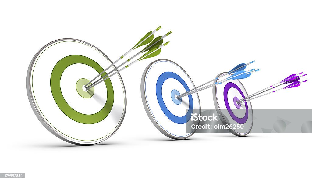 Three bulleye targets for business concept Three colorful round targets with multiple arrows in the bullseyes on a white background.  The targets are in a horizontal line and feature green, blue and purple colors. Sports Target Stock Photo