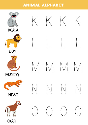 Tracing letters of English alphabet. animal alphabet. Handwriting practice for preschool kids.
