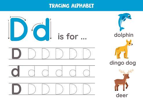 Tracing all letters of English alphabet. Preschool activity for kids. Writing uppercase and lowercase letter D. Printable worksheet. Cute illustration of dolphin, dingo dog, deer.