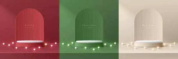 Vector illustration of Set of 3D background red, cream  and green realistic cylinder podium with neon light bulb and arch shape backdrop. Mockup product display. Mery christmas, New year minimal wall scene. Stage showcase.