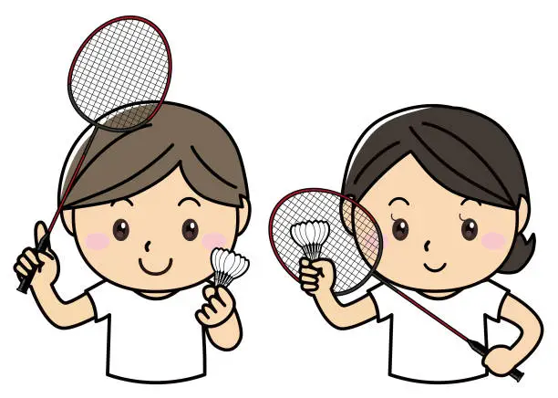 Vector illustration of Sports - Man and woman pair with badminton racket and shuttlecock smiling / illustration material (vector illustration)