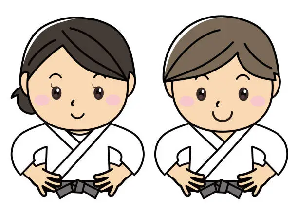 Vector illustration of Pair of men and women laughing while wearing sports, martial arts, judo, karate, aikido, motion / illustration material (vector illustration)