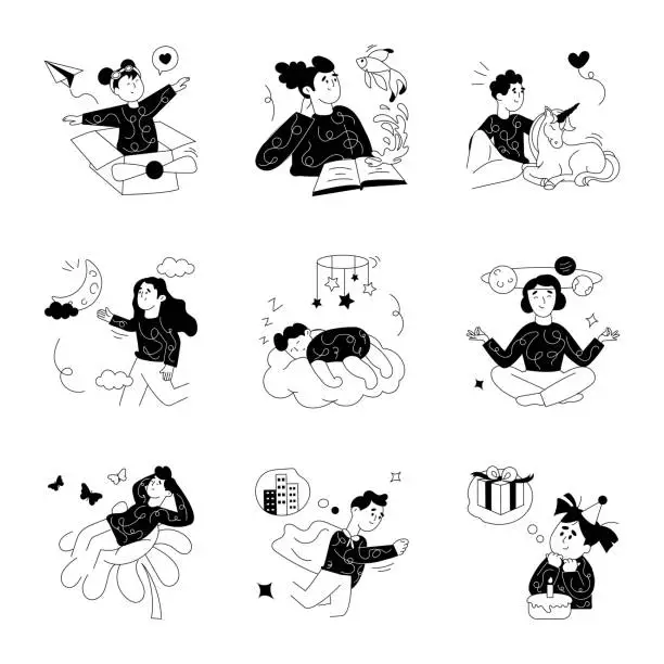 Vector illustration of Collection of Dreaming People Hand Drawn Illustrations