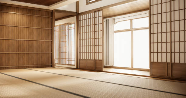 istock Interior, Empty room and tatami mat floor room japanese style. 3D rendering 1799977120