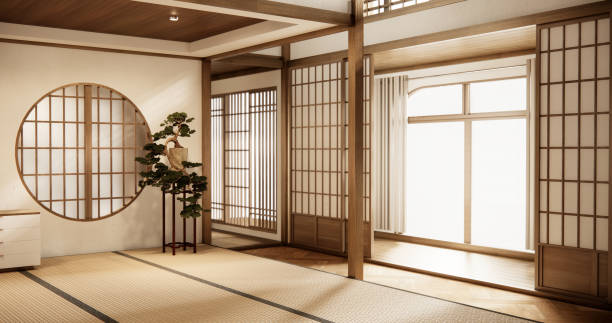istock Interior, Empty room and tatami mat floor room japanese style. 3D rendering 1799977642
