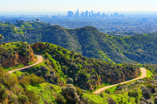 Stunning view featuring the iconic Griffith Observatory nestled amidst the picturesque Hollywood Hills with the sprawling city of Los Angeles in the background.