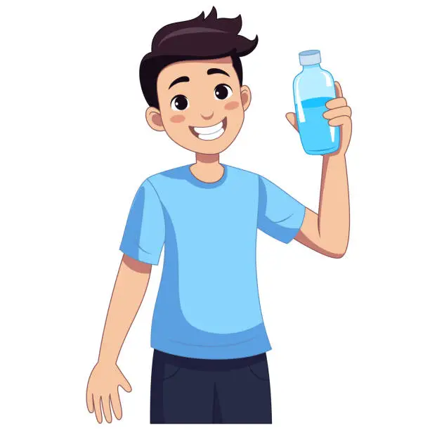 Vector illustration of Healthy and happy man is holding a refreshing bottle of water. Flat style cartoon illustration.