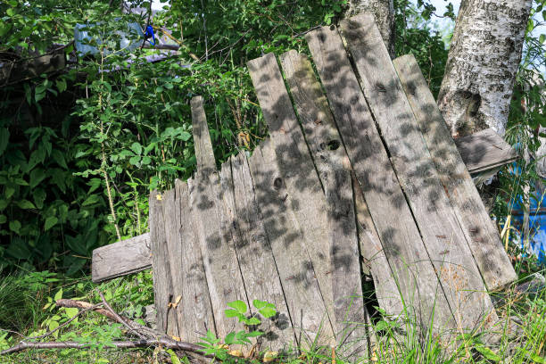 Old wooden fence  broken and knocked down after strong hurricane