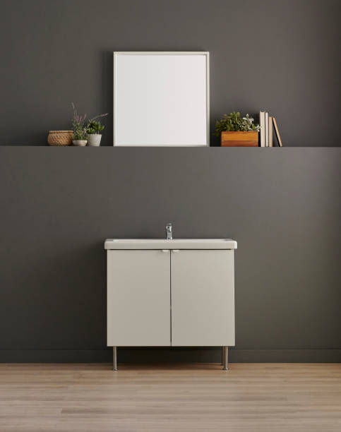 istock Bathroom, laundry, washing and dry machine, sink cabinet, mirror and object, grey wall background. 1800010758
