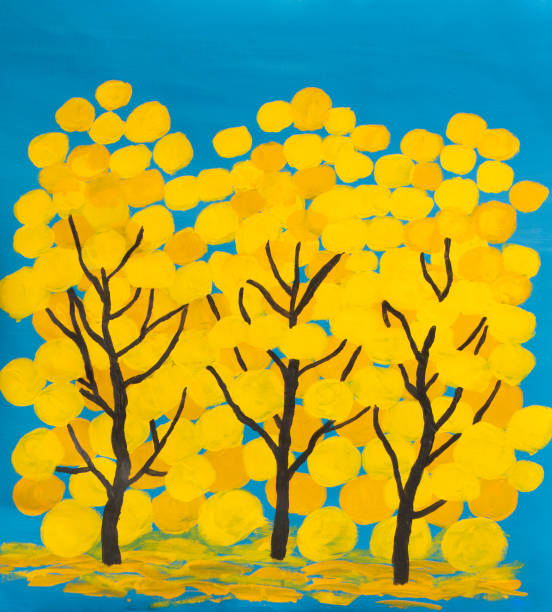 istock Yellow trees on blue sky painting acrylic on canvas 1800012971
