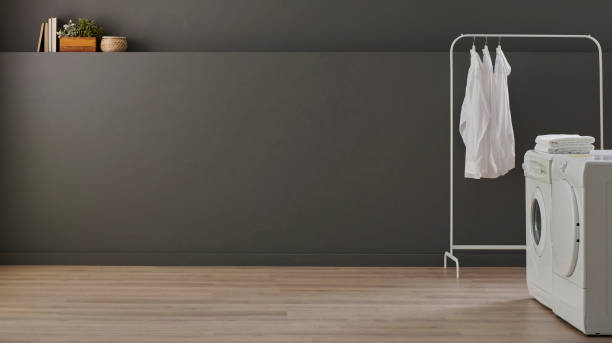 istock Bathroom, laundry, hanger, washing and dry machine, sink cabinet, mirror and object, grey wall background. 1800013482