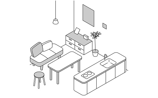 Room for rent: Dining room, simple isometric with island kitchen and dining table