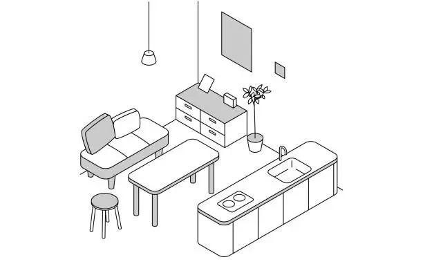 Vector illustration of Room for rent: Dining room, simple isometric with island kitchen and dining table