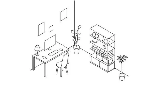 Vector illustration of Room for rent: simple isometric of study, work desk and bookshelf