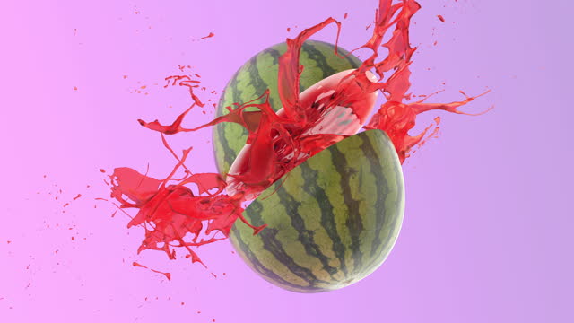 Animation of Airborne Watermelon Halving and Zesty Splash