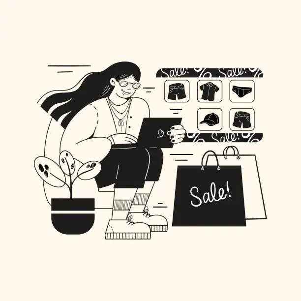 Vector illustration of a girl makes purchases in an online store