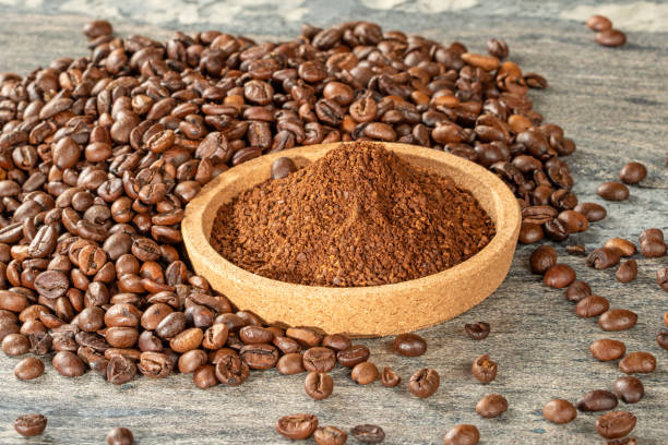 istock Coffee theme. Cork saucer filled with ground coffee granules 1800063465