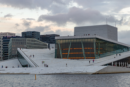 Oslo, Norway - August 13, 2023: A picture of the Oslo Opera House at sunset.
