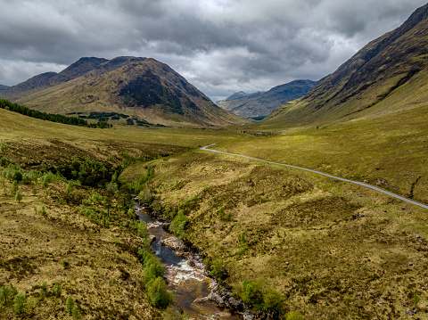 En route to Glencoe, in the heart of the Highlands, lies the Glen Etive road which affords twelve miles of magnificent Scottish scenery
