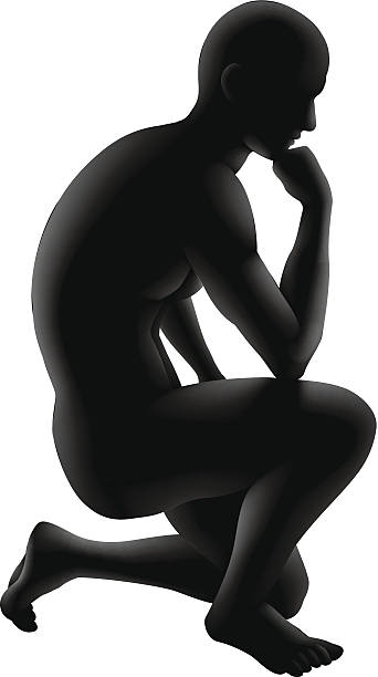 Thinker silhouette concept Silhouette man crouched in a thinker pose. Concept for any questioning or psychology, poetry or philosophy. Vector file is eps 10 and uses transparency blends and gradient mesh question mark people one person silhouette stock illustrations