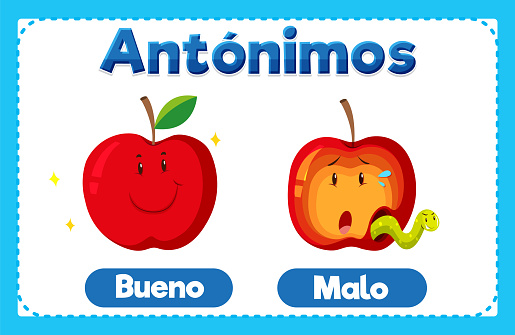 A vector cartoon illustration of antonyms in Spanish means good and bad