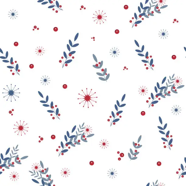 Vector illustration of Christmas pattern, seamless pattern with Christmas branches and berries, snowflakes.