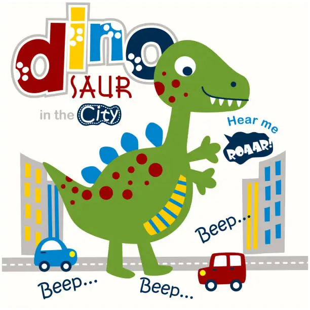 Vector illustration of cute dinosaur on the road funny animal cartoon