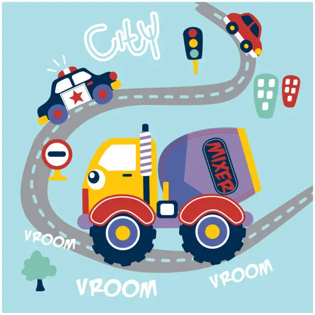 Vector illustration of big mixer truck on the way funny cartoon