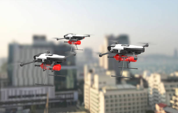 istock Fire fighting drone concept, Extinguish fire with the drone flying in the sky 1800123284