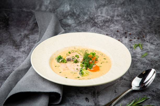 istock Scandinavian fish soup with herbs on a white plate side view 1800123295