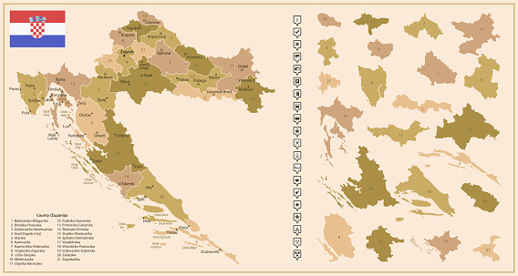 Croatia - detailed map of the country in brown colors, divided into regions. Vector illustration