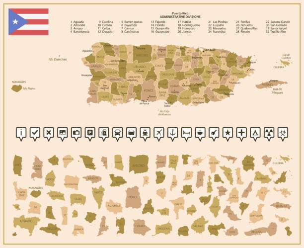 プエルトリコ - 地域に分かれた茶色の国の詳細な地図。 - puerto rico map vector road点のイラスト素材／クリップアート素材／マンガ素材／アイコン素材