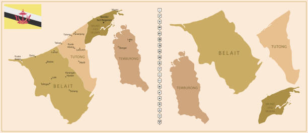 ブルネイ - 地域に分かれた茶色の国の詳細な地図。 - brunei flag点のイラスト素材／クリップアート素材／マンガ素材／アイコン素材