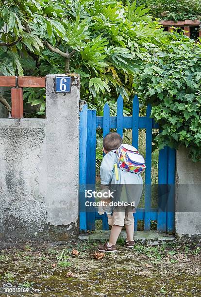 Curious School Boy Looking Through The Wooden Fence Stock Photo - Download Image Now