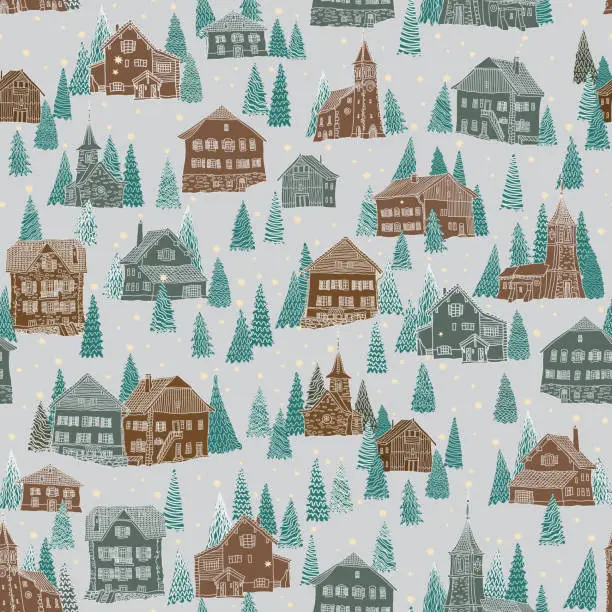 Vector illustration of Christmas and New Year seamless pattern. Fairy tale old Alpine houses, snowflakes, fir tree and spruce on a grey background