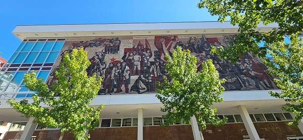 Dresden, Germany – September 2, 2023: Mural of The Kulturpalast (En: Palace of Culture), a classic example of communist architectural expression of social order  in Dresden, Germany.