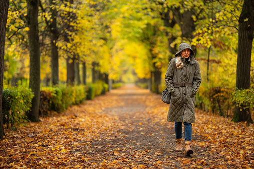 one woman wearing warm coat and hood, walking alone on alley path covered with autumn leaves in public park on cold and rainy day, shivering, feeling cold, focus on person