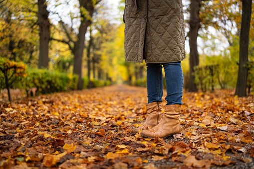 detail of womans legs wearing wet shoes because of rain on cold autumn day outdoors in park alley covered in autumn leaves
