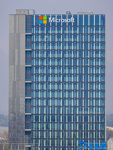 Belgrade, Serbia - April 09, 2023: Computer Software Company Microsoft Office Building Skyscraper at New Belgrade.