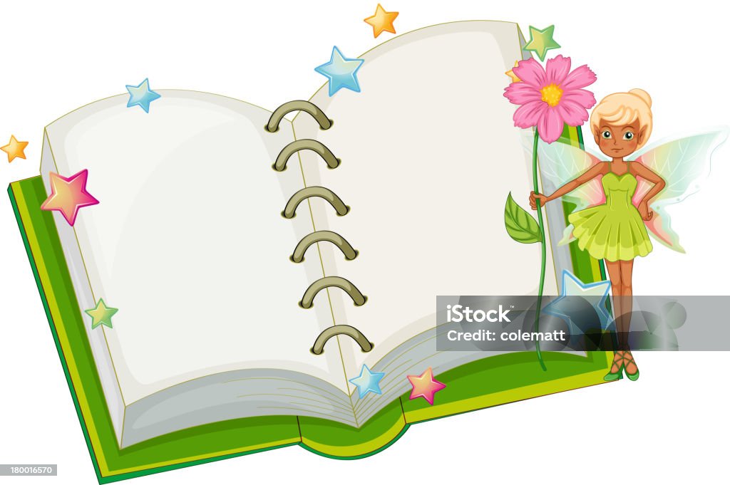 Open book with fairy holding a pink flower Open book with a fairy holding a pink flower on a white background Adult stock vector