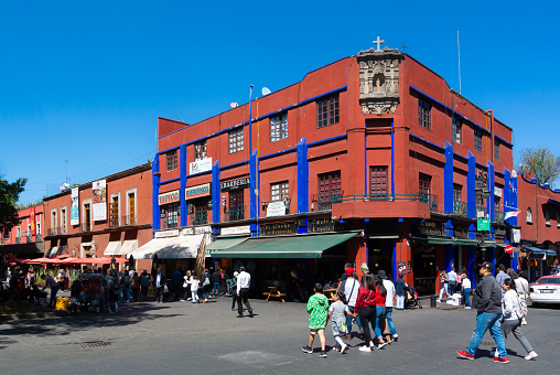 Mexico City, CDMX, Mexico, 5th of February 2023, Red colonial architecture in the street of Coyoacan,