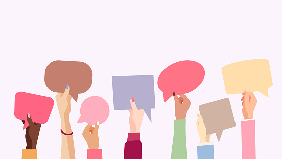 Group communication of a multicultural group of people with raised hands holding speech bubble, vector illustration