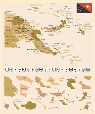 Papua New Guinea - detailed map of the country in brown colors, divided into regions. Vector illustration