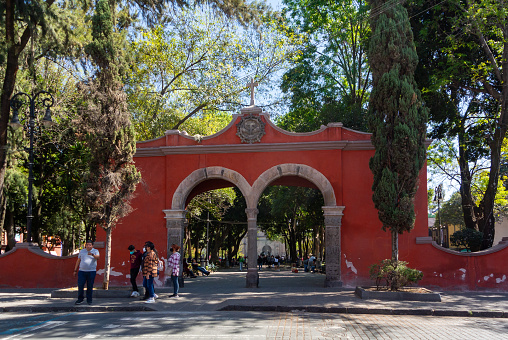 Mexico City, CDMX, Mexico, 5th of February 2023, An entrance architecture of Jardín Centenario in Coyoacan neighborhood,