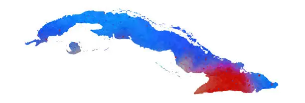 Vector illustration of Cuba Watercolor Map Raster Illustration In Red And Blue Colors.