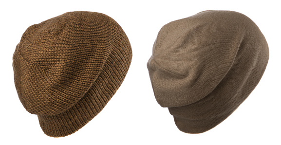 two hat isolated on white background .knitted hat .brown hat  .
