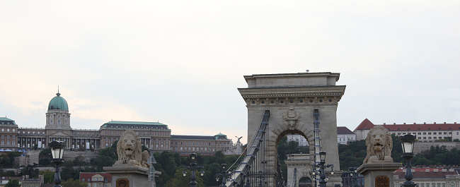 Budapest, B, Hungary - August 18, 2023: Bridge of chains and Buda Castle on the hill in Europe