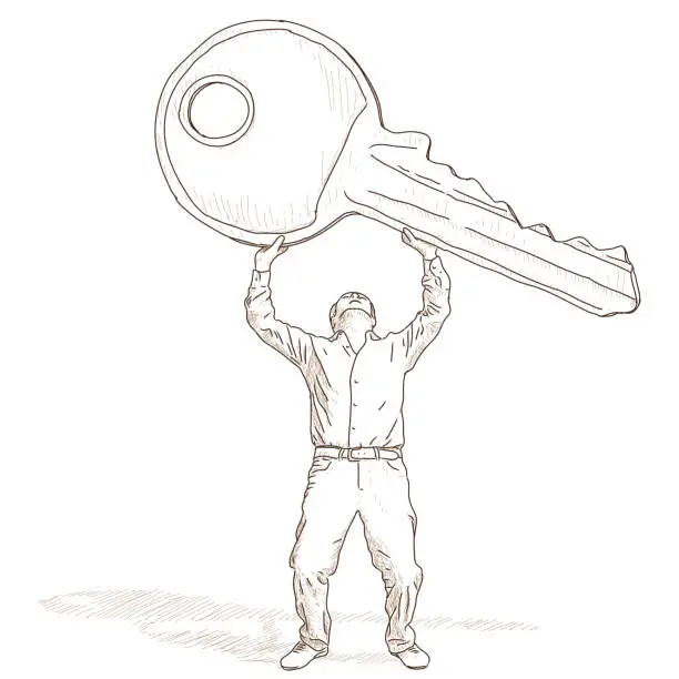 Vector illustration of Man lifting a big heavy wrench, vector surreal illustration, heaviness concept
