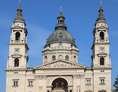 Budapest, B, Hungary - August 19, 2023: Church of Saint Stephen and bell towers with big Dome